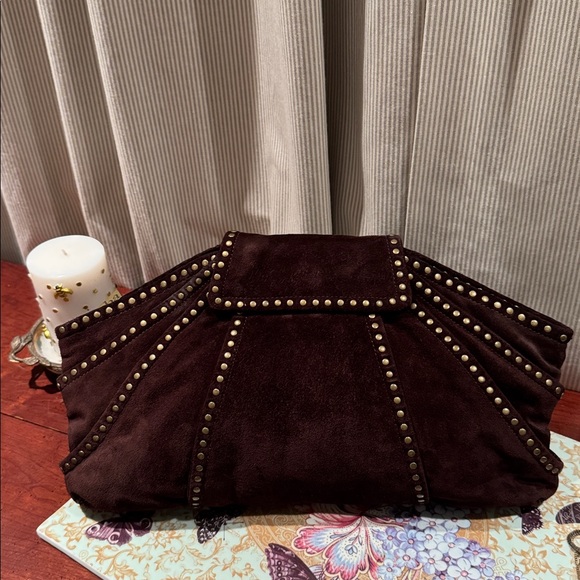 Kooba Handbags - KOOBA DARK BROWN SUEDE CLUTCH WITH ANTIQUE GOLD RIVETS